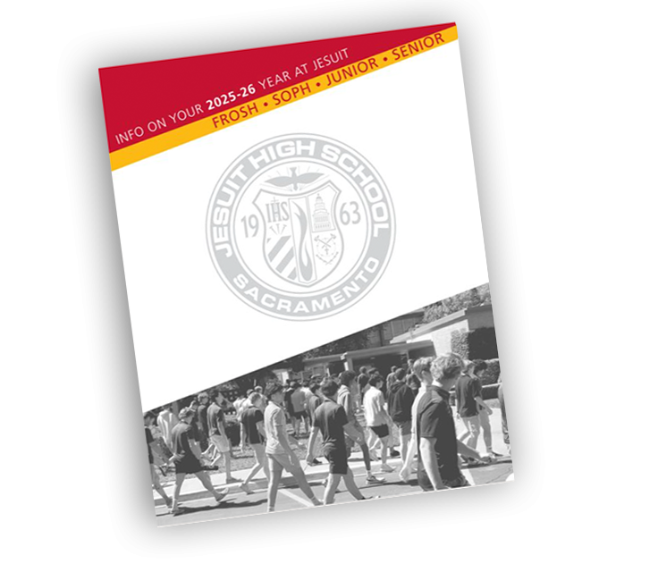 Image of the booklet cover featuring the school seal and photo of students walking across campus