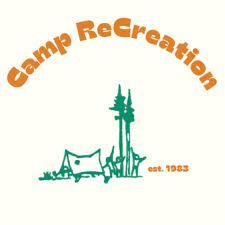 Camp Recreation logo. "Camp Recreation" appears in burnt orange on a cream-colored background. A depiction of a tarp tent and a cluster of trees appear in emerald green.  Next to the image is the detail that the program was established in 1983.