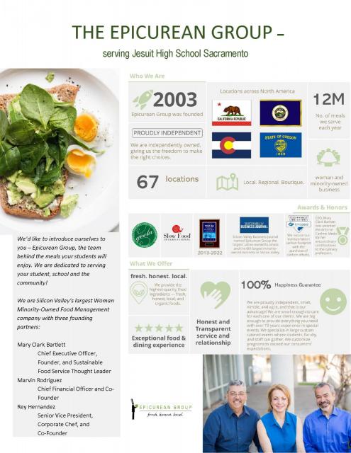 information and statistics about Epicurean group with photos of food and people