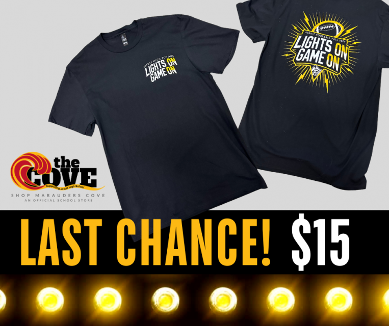 Last chance - $15. Image of the front and back of shirt with lights logo.