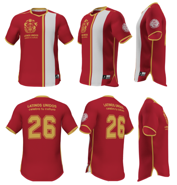 shows image of red soccer jersey with white stripe and yellow numbers on back and emblem on chest