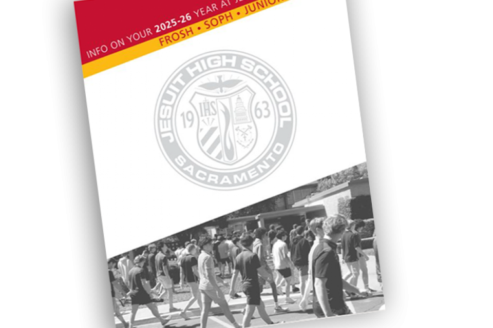 Image of the booklet cover featuring the school seal and photo of students walking across campus