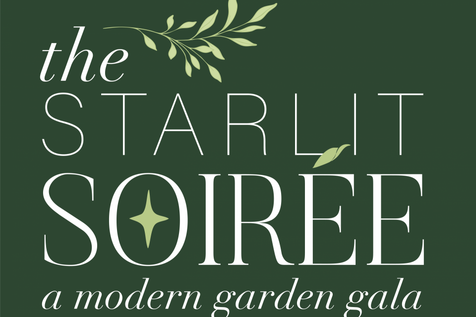 dark green with white and light green "The Starlit Soiree - a modern garden gala" with botanical illustration elements