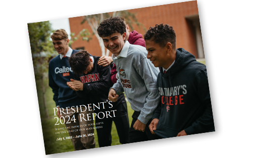 Image of front of 2024 issue with four student athletes laughing outside in their college sweatshirts