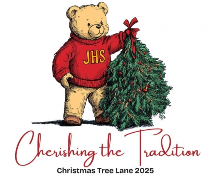 "Cherishing the Tradition - Christmas Tree Lane 2025" illustration of teddy bear in red JHS sweater holding christmas tree