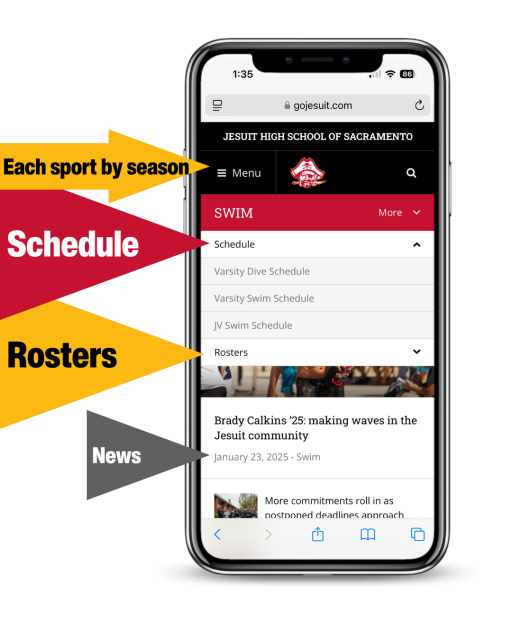 shows a mobile phone and highlights where the main menu, schedule, roster and news can be found online