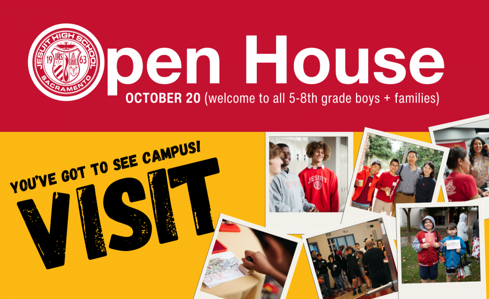 Visit Jesuit during Open House on Oct 20. Photos of kids holding passports, smiling, families