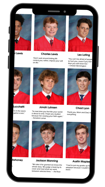 Senior quotes and portraits from the 2024 yearbook on a cell phone