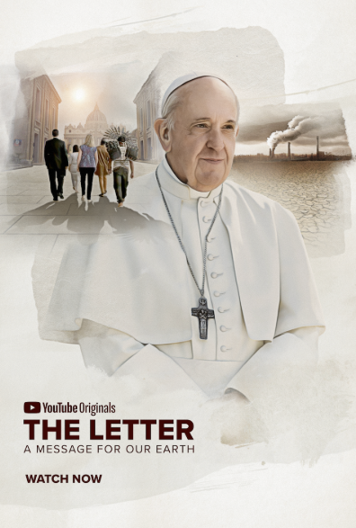 Movie graphic with pope  facing front in white robes looking off to side